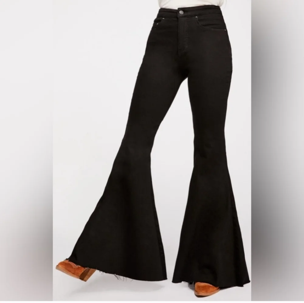 Free People Crvy Ultra High Waist Flare Black Jeans Boho Hippie Raw Hem Lace Up
